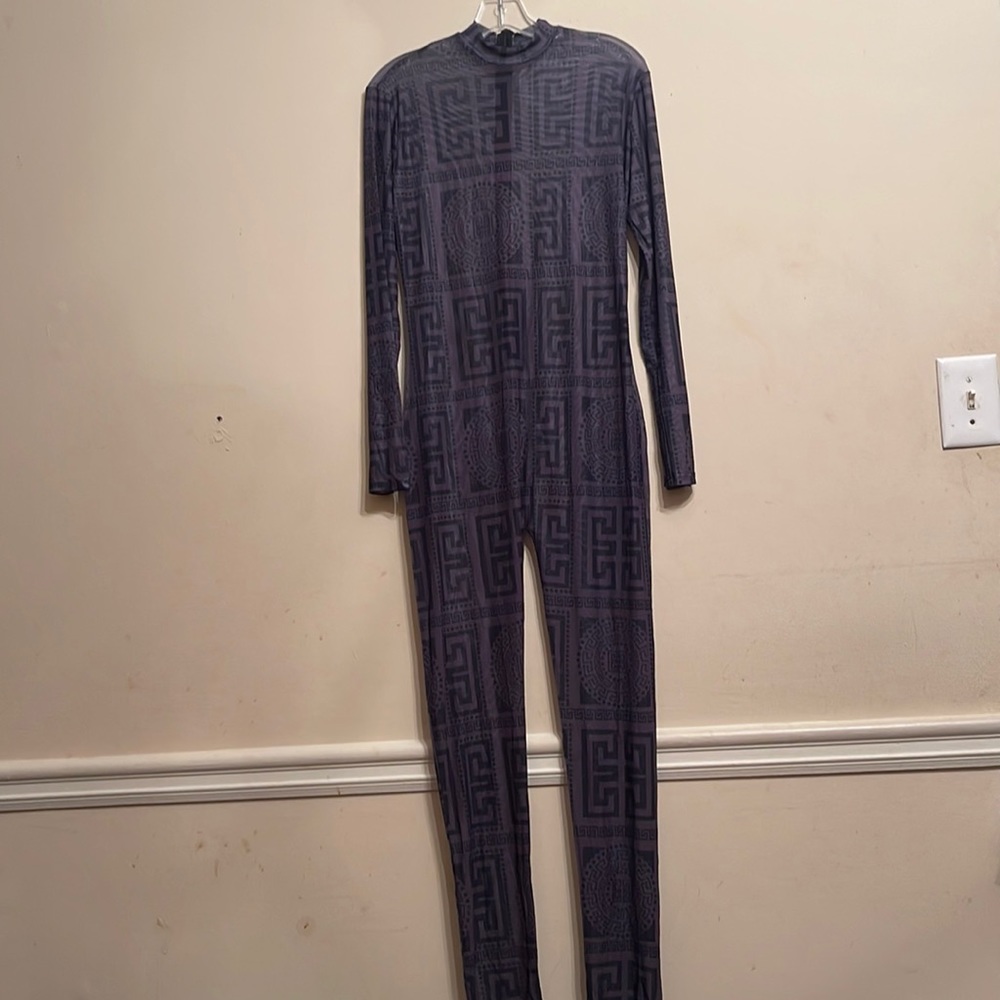 Y2K Sheer Mesh Jumpsuit Purple with Black Designs NWOT